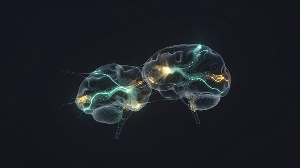 Translucent x-ray style visualization of a neural network with glowing internal pathways