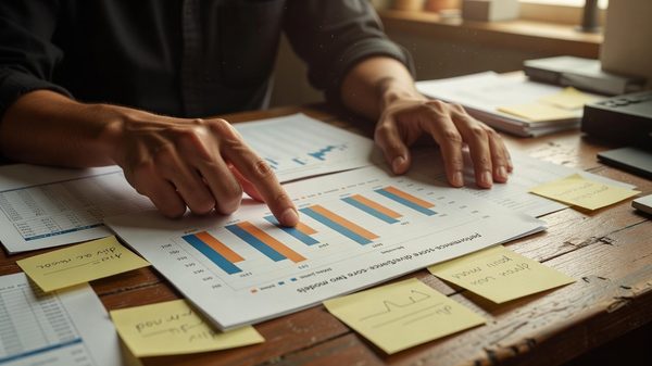 Researcher at a desk reviewing evaluation score charts with mismatched model performance data