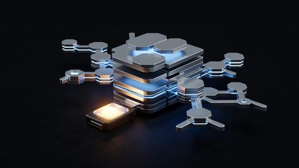Glowing adapter module attached to a large layered neural network structure